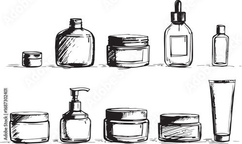 A set of cosmetic containers. Jars, vials, bottles, tubes. Hand drawn vector illustration