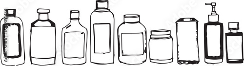 A set of cosmetic containers. Jars, vials, bottles, tubes. Hand drawn vector illustration