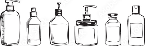 A set of cosmetic containers. Jars, vials, bottles, tubes. Hand drawn vector illustration