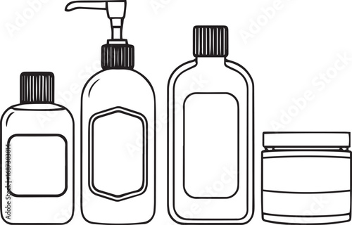 A set of cosmetic containers. Jars, vials, bottles, tubes. Hand drawn vector illustration