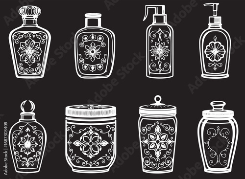 A set of cosmetic containers. Jars, vials, bottles, tubes. Hand drawn vector illustration