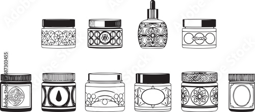 A set of cosmetic containers. Jars, vials, bottles, tubes. Hand drawn vector illustration