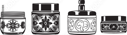 A set of cosmetic containers. Jars, vials, bottles, tubes. Hand drawn vector illustration