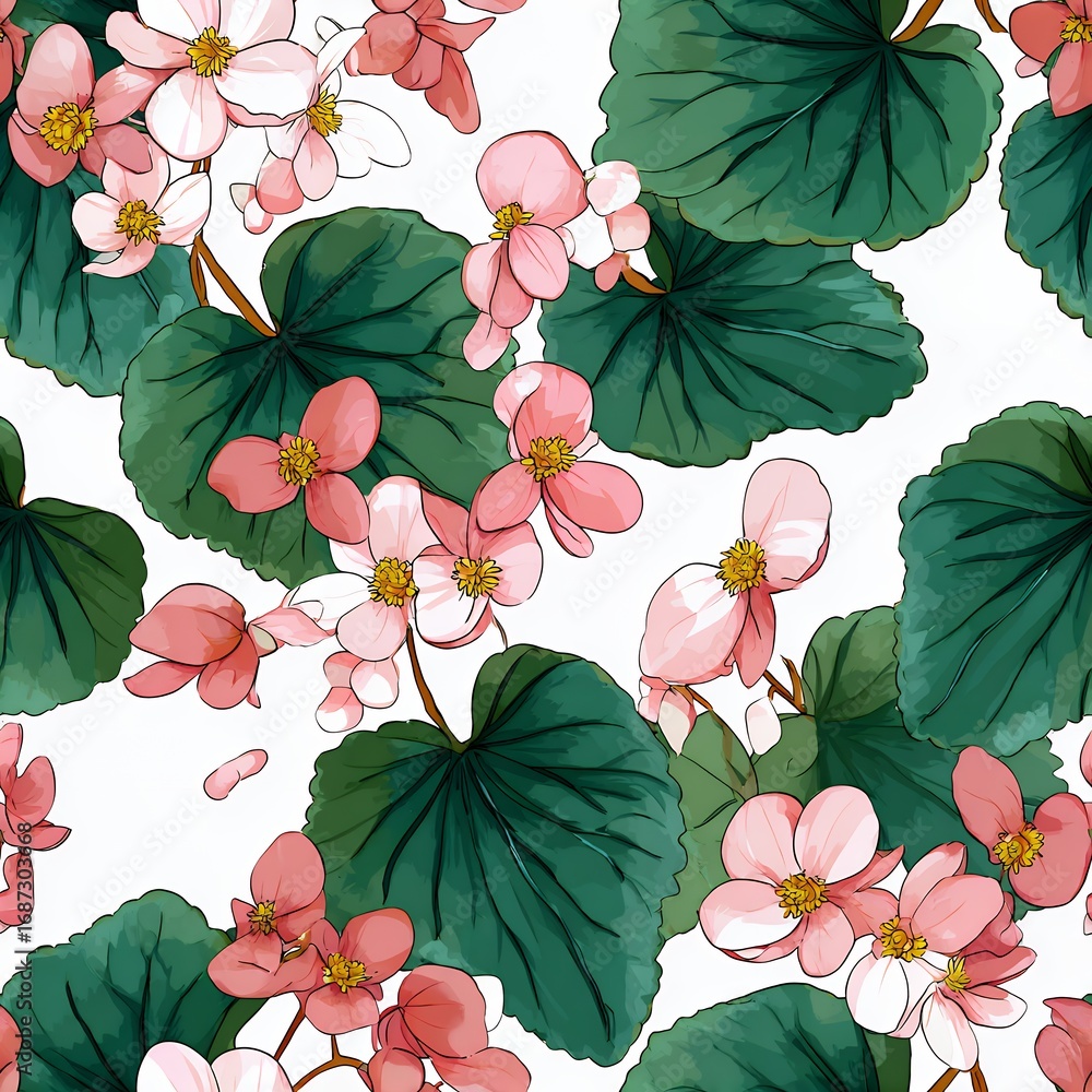 Fototapeta premium Pink and Green Begonia Flower Seamless Pattern