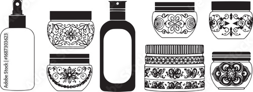 A set of cosmetic containers. Jars, vials, bottles, tubes. Hand drawn vector illustration