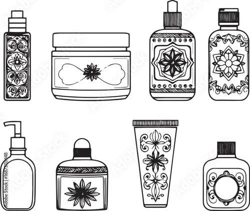 A set of cosmetic containers. Jars, vials, bottles, tubes. Hand drawn vector illustration
