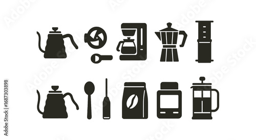 Coffee brewing silhouette icon set. espresso, french press, moka pot in silhouette style