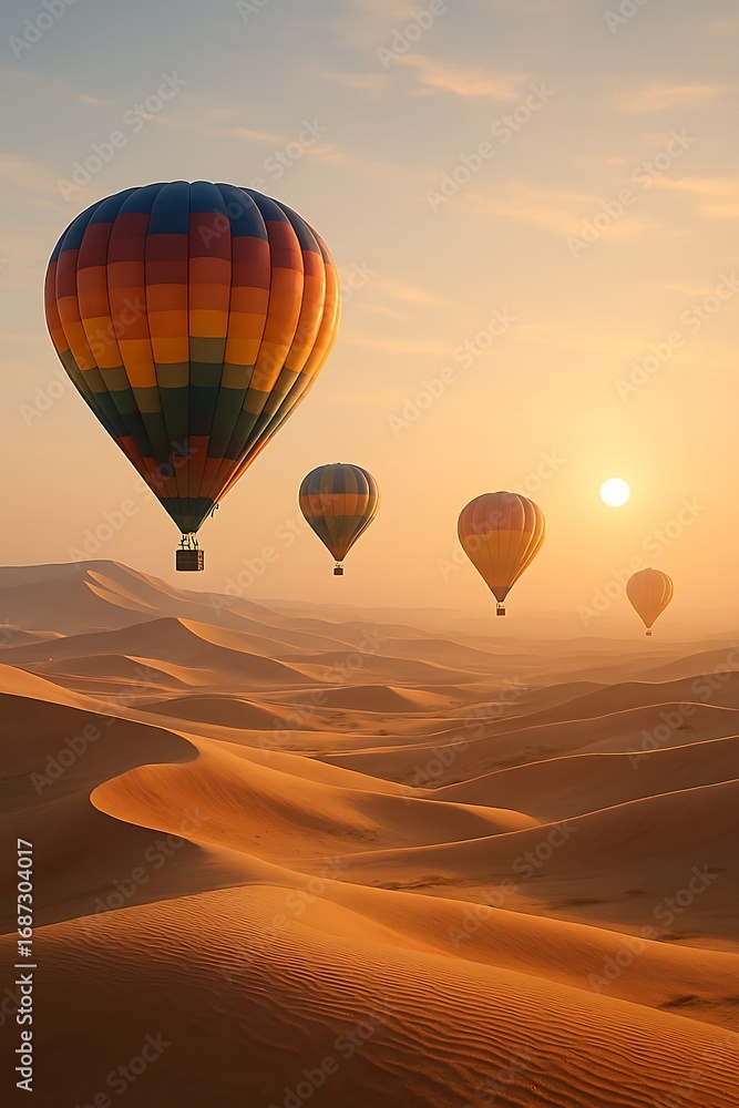 Obraz premium Experience the magic of hot air balloons floating above golden desert dunes at sunrise in stunning travel adventure