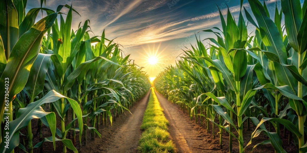 Obraz premium A sunlit path meanders through a vibrant field of healthy corn plants, showcasing the beauty of agricultural abundance at sunset.