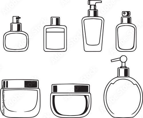 A set of cosmetic containers. Jars, vials, bottles, tubes. Hand drawn vector illustration