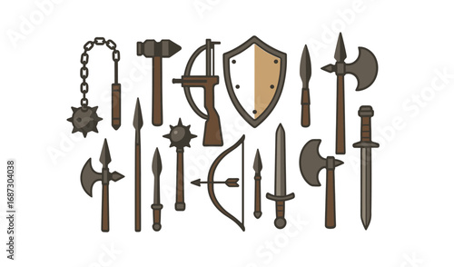 Medieval weapons icon set. flat style historic war tools, swords, and shields collection