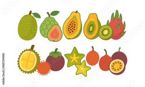 Tropical fruit flat icon set. exotic fruits, citrus, berry illustrations for web design