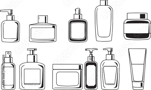 A set of cosmetic containers. Jars, vials, bottles, tubes. Hand drawn vector illustration