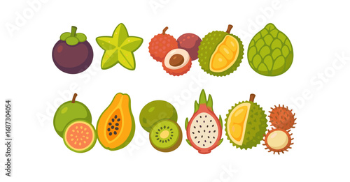 Tropical fruit flat icon set. exotic food, fresh produce, nature elements collection