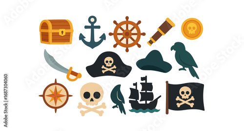Pirate adventure flat icon set. treasure, skull, ship, parrot, captain icons collection