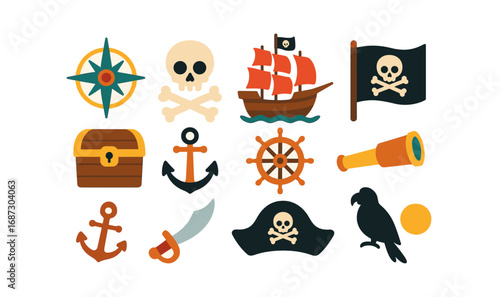 Pirate adventure flat icon set. nautical, treasure hunt, pirate icons collection