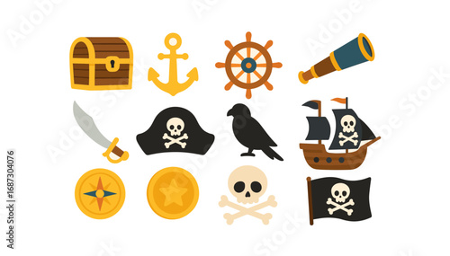 Pirate adventure flat icon set. nautical symbols, treasure, ship, and map icons.