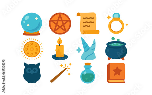 Magic and witchcraft flat icon set. enchantment, potion brews, wizardry symbols