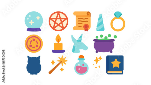 Magic, fantasy flat icon set. enchanted, witchcraft, alchemy icons flat collection