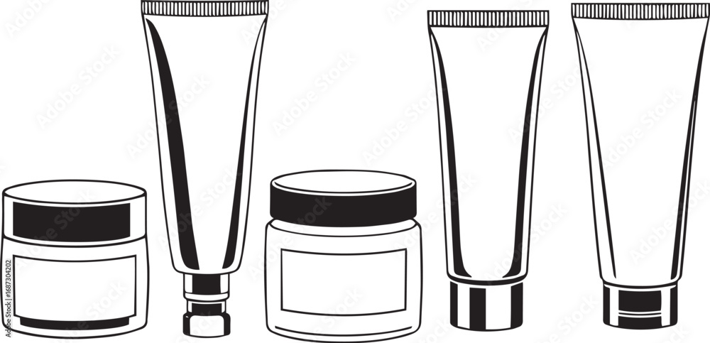 Naklejka premium A set of cosmetic containers. Jars, vials, bottles, tubes. Hand drawn vector illustration