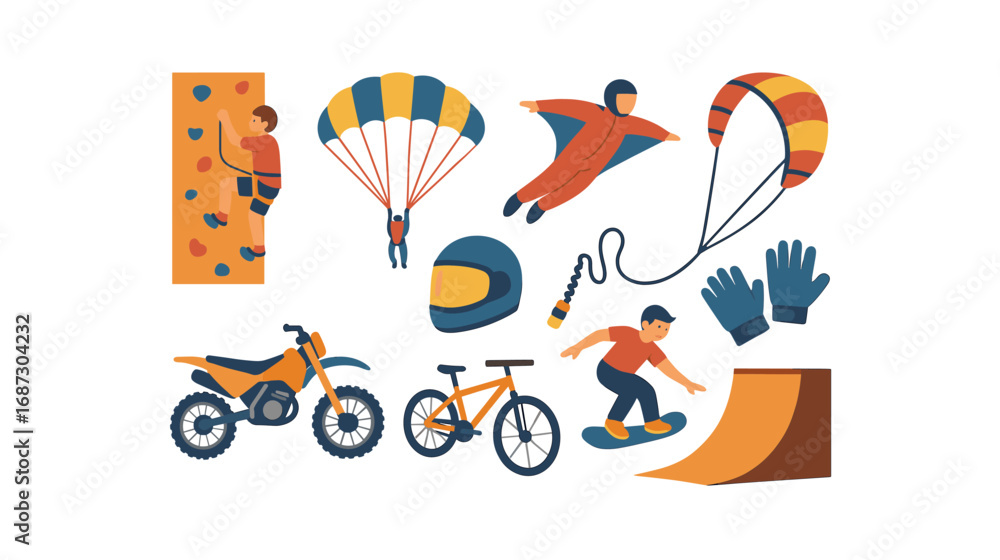 Naklejka premium Extreme sports flat icon set. parachuting, skateboarding, biking, and adventure icons collection