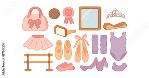 Ballet accessory icon set. dance, performance essentials in flat style collection