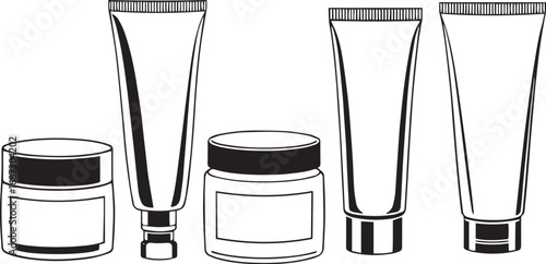 A set of cosmetic containers. Jars, vials, bottles, tubes. Hand drawn vector illustration