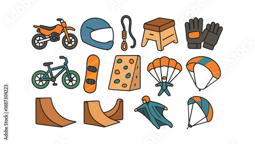Extreme sports flat icon set. motocross, climbing, skateboarding, and parachuting icons collection