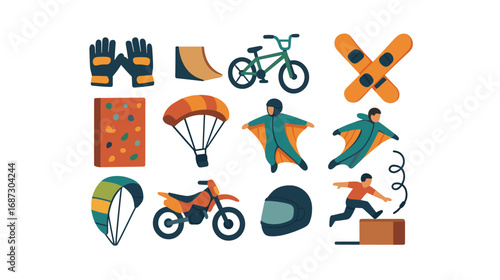Extreme sports icon set. adventure, outdoor, thrill, flat style collection