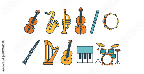Music instruments flat icon set. orchestra, band symbols in flat style collection