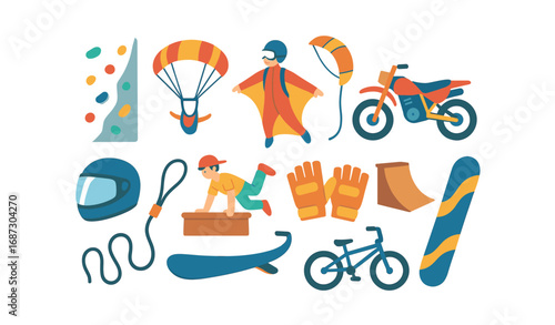 Adventure sports flat icon set. paragliding, biking, climbing, diving icons collection