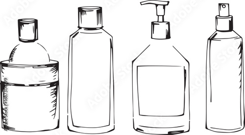 A set of cosmetic containers. Jars, vials, bottles, tubes. Hand drawn vector illustration