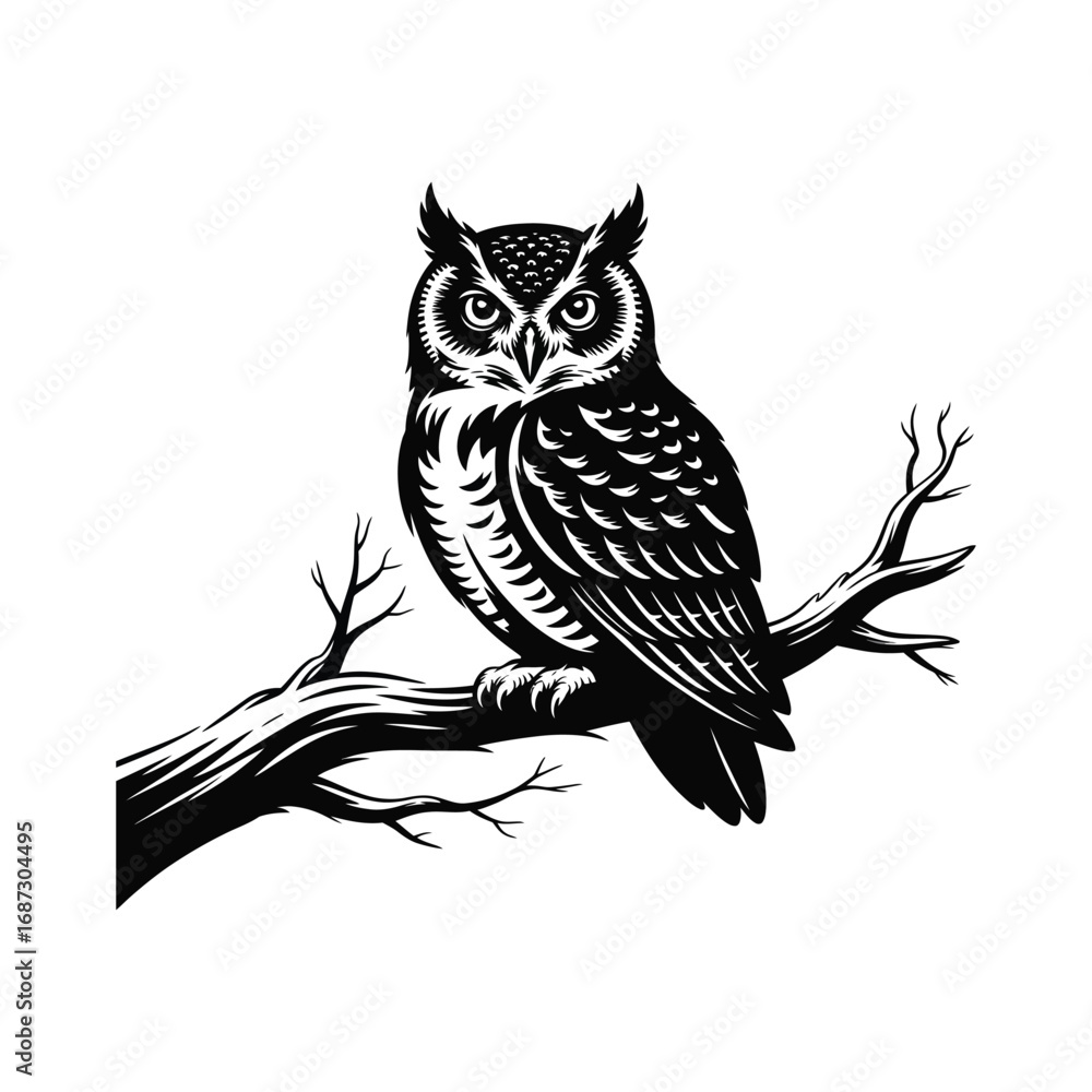 Fototapeta premium Owl Silhouette Illustration Perched on Branch for Nocturnal Wildlife Design Theme