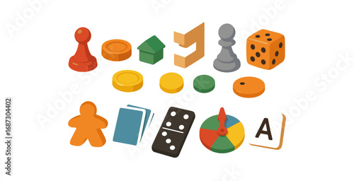 Board games flat icon set. chess, dice, and gaming elements flat collection.