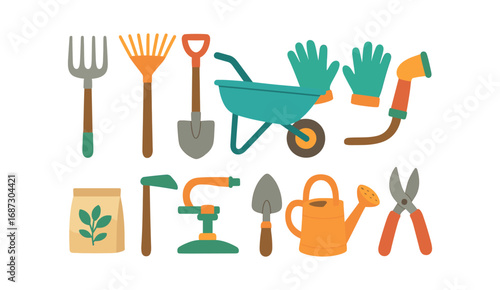 Gardening tools icon set. essential flat garden equipment and tools collection