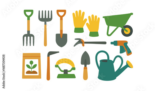 Gardening tools flat icon set. essential garden equipment, flat icons collection