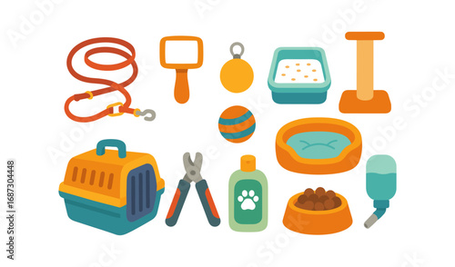 Pet care flat icon set. essential items for dogs and cats