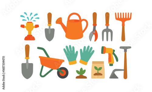 Gardening tools solid icon set. essential equipment for plant care and landscaping