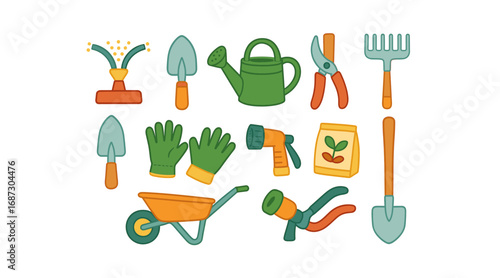 Gardening tools flat icon set. trowels, spades, gloves, watering can, hose icons