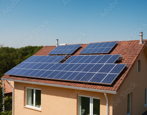 Solar panels on modern house roof, renewable energy concept.