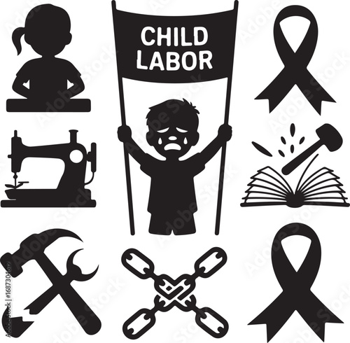 Child Labor Icons Sad Child Holding Banner Sewing Machine Broken Chain Keywords: child labor, sad