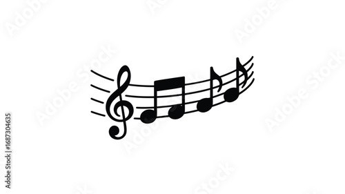 Curving musical staff with treble clef and black notes on white background