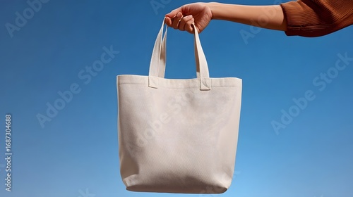 A person's hand holding a plain, minimalist white canvas tote bag against a clear blue sky background, conveying a casual, eco-friendly, and practical fashion accessory.