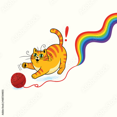 A playful chubby orange tabby cat unravels a red ball of yarn into a magical rainbow.