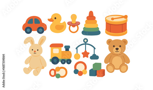 Toys, baby flat icon set. kids, play, child, toy, collection, cute, colorful, fun