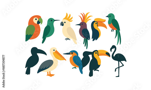 Birds, wildlife flat icon set: colorful and stylish animal icons collection
