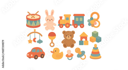 Toy and baby flat icon set. nursery, playtime, childcare, and fun icons collection