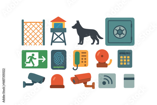 Security and safety icon set: flat style icons for protection, alarm, surveillance