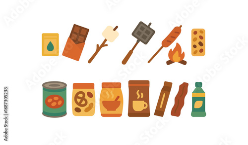 Camping and outdoor solid icon set. food, cooking, bbq essentials solid collection