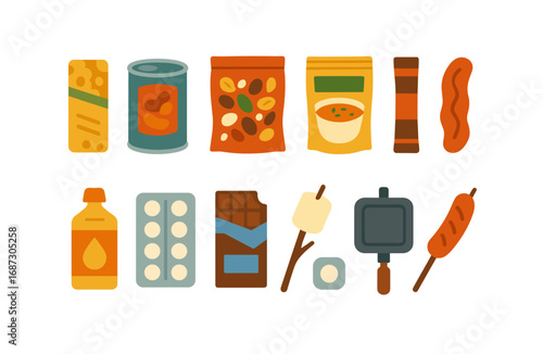 Food and cooking flat icon set. ingredients, kitchen essentials, grocery icons flat collection